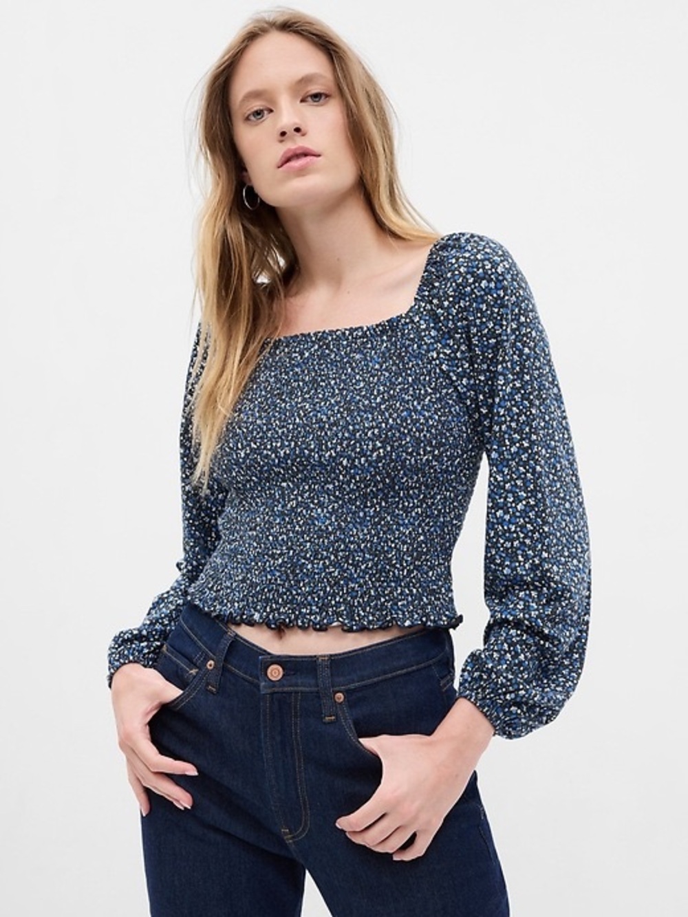 GAP Smocked Square-Neck Floral Long-Sleeve Top